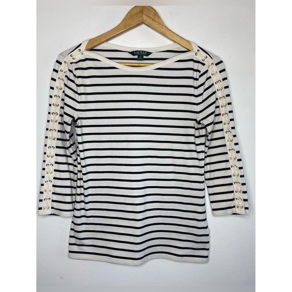Lauren Ralph Lauren Boat neck Striped Top 3/4 Sleeves Size M Nautical Coastal